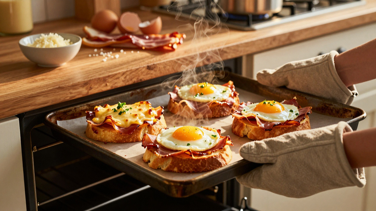 Frisch gebackene Toasts mit Spiegelei, Schinken und Käse auf einem Backblech, das aus dem Ofen geholt wird.
