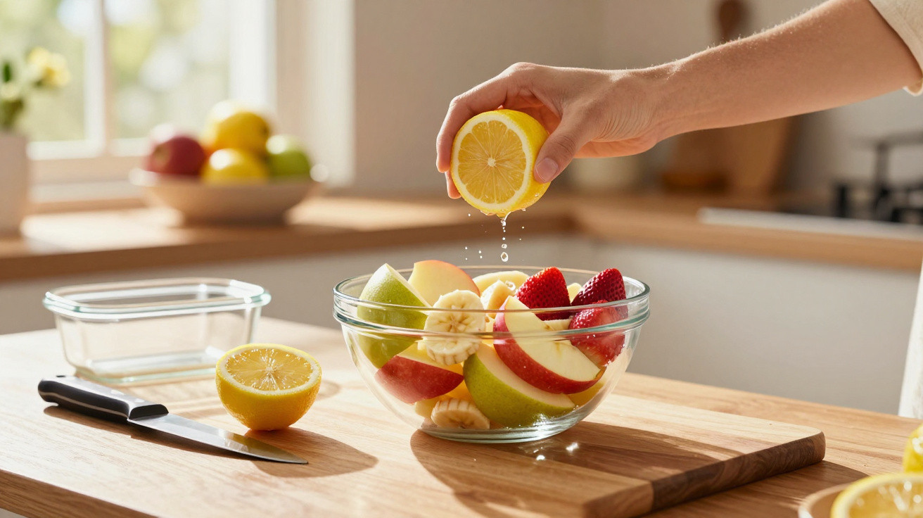 Hand presst eine halbe Zitrone über einer Schale mit geschnittenem frischem Obst auf einer Küchenarbeitsplatte.