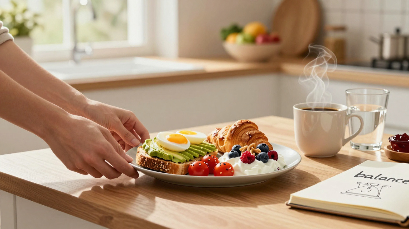 Frühstücksteller mit Avocado, Ei, Tomaten, Croissant, Joghurt mit Beeren und dampfendem Kaffee auf Küchentheke.