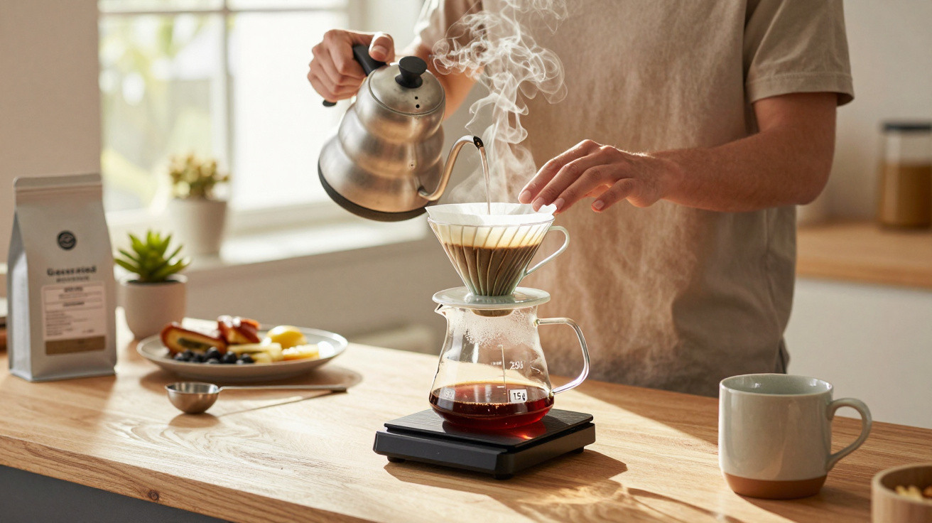 Person gießt heißes Wasser zum Handfilterkaffee auf einer Holzarbeitsplatte in heller Küche.