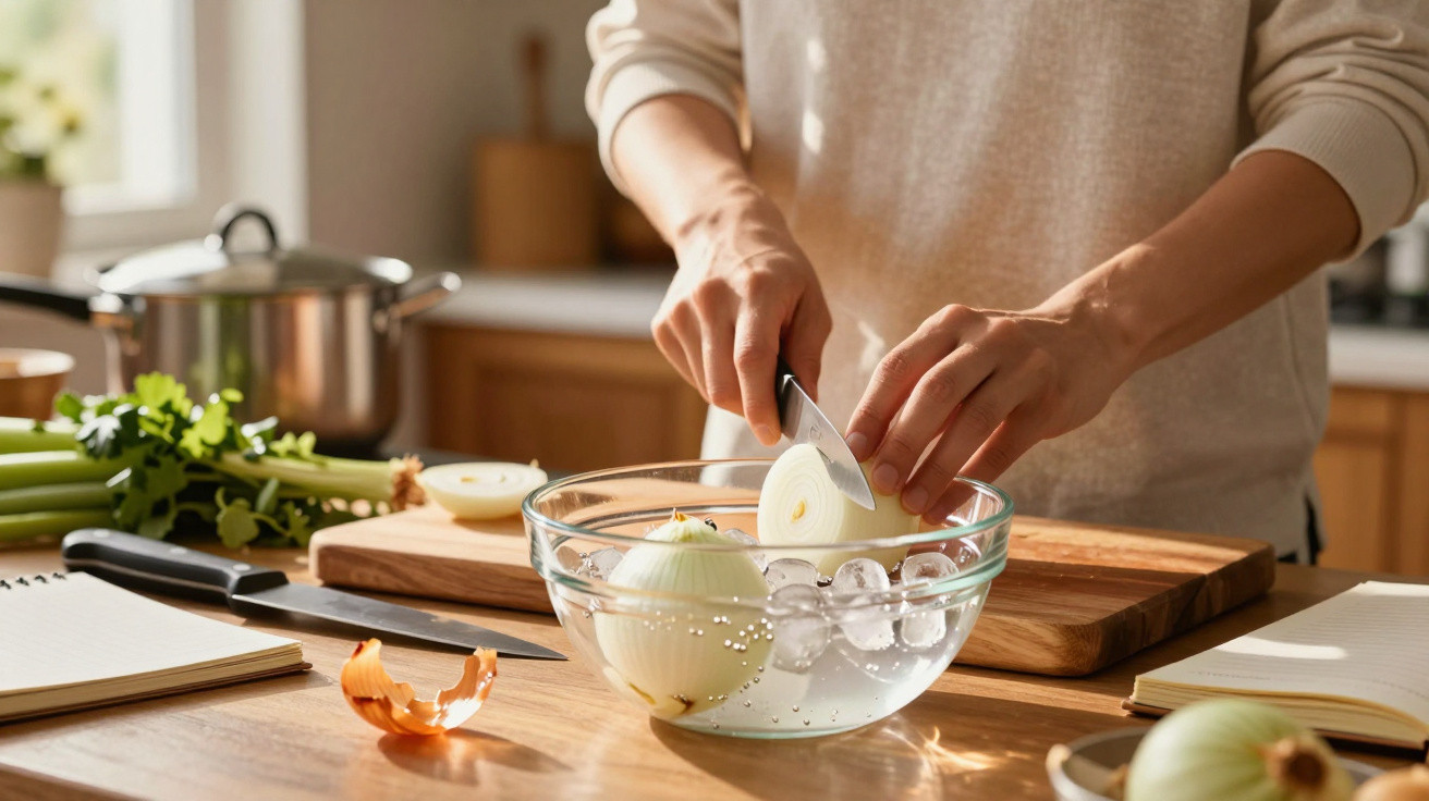 Person schneidet Zwiebel über einer Schüssel mit Wasser und Eiswürfeln auf einem Holztisch in einer Küche.