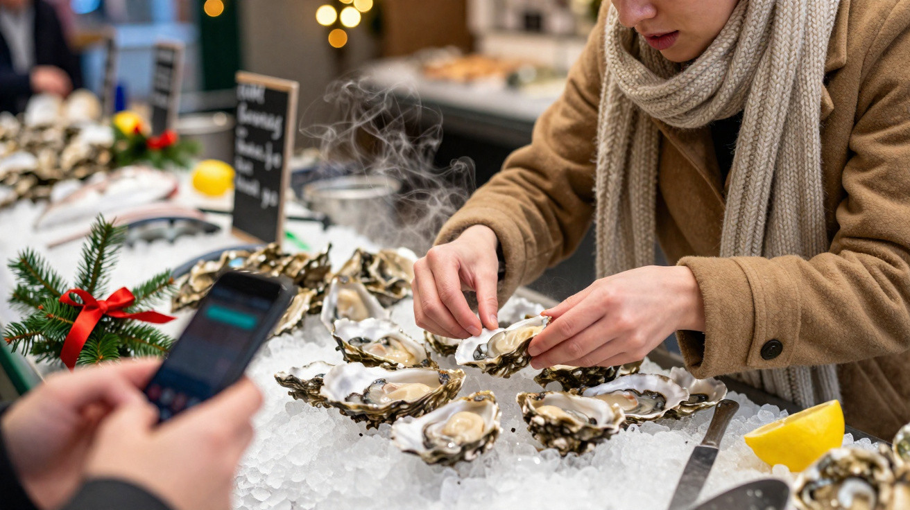 Person öffnet frische Austern auf Eis an einem Marktstand mit weihnachtlicher Dekoration.