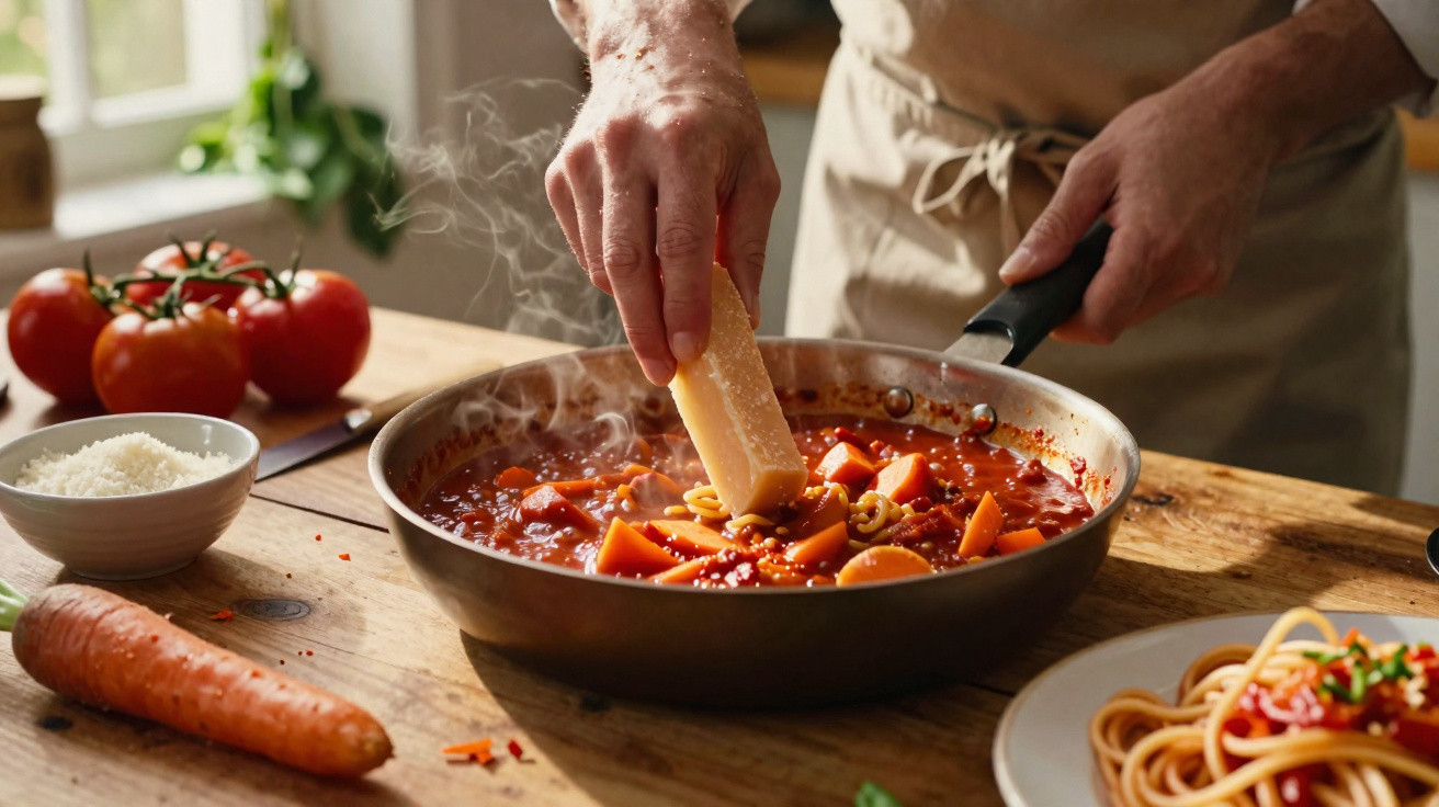 Mann reibt Parmesan über dampfende Tomatensoße mit Gemüse und Spaghetti in Pfanne, Küchentisch mit Zutaten.