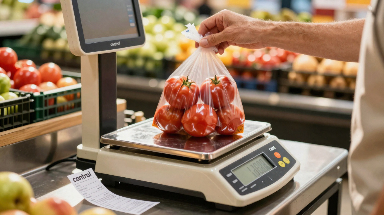 Eine Hand wiegt eine Tüte mit Tomaten auf einer digitalen Ladenwaage im Supermarkt.