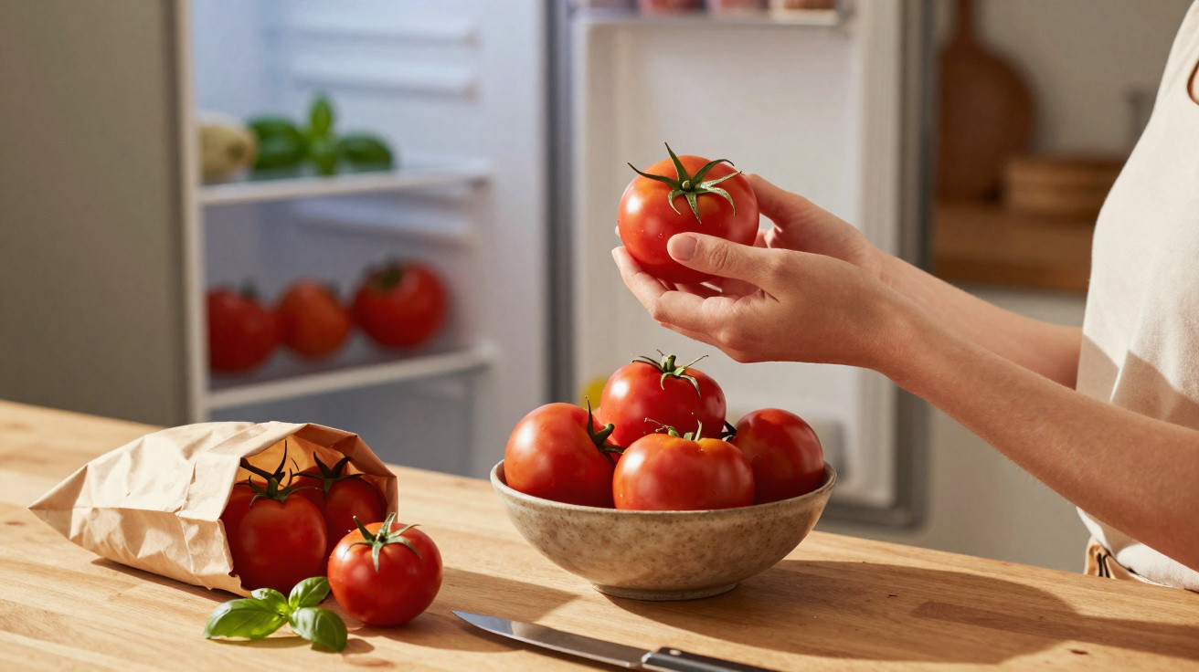 Jemand hält eine frische Tomate über einer Schale mit Tomaten auf einem Holztisch in der Küche.