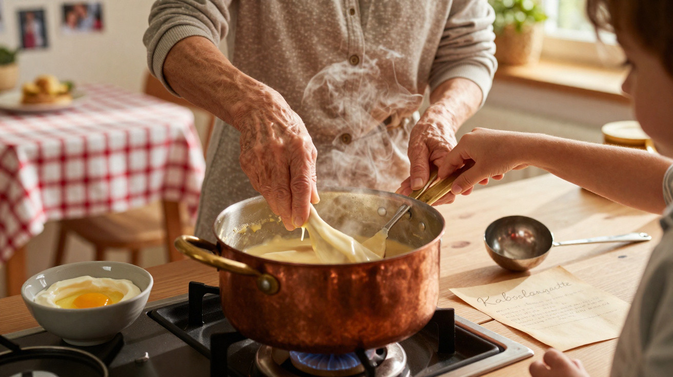 Ältere Person kocht mit Kind zusammen dampfende Käsesauce in Kupfertopf auf Gasherd.