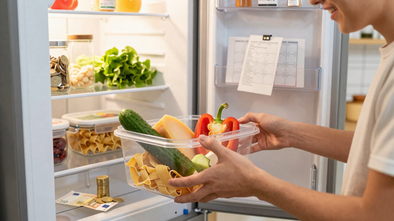 Person stellt eine Plastikbox mit Gurke, Paprika, Käse und Nudeln in einen gut gefüllten Kühlschrank.