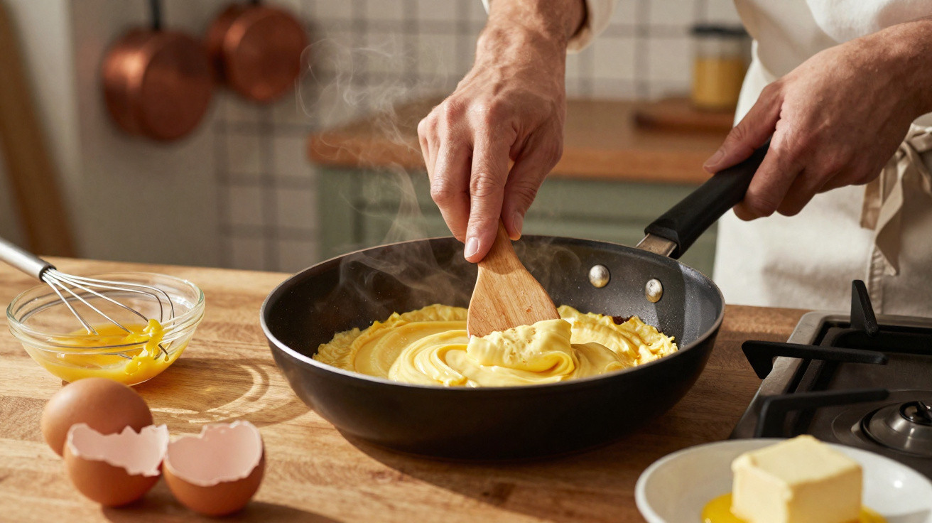 Person rührt dampfenden Teig in Pfanne mit Holzspatel auf Holztisch in Küche.