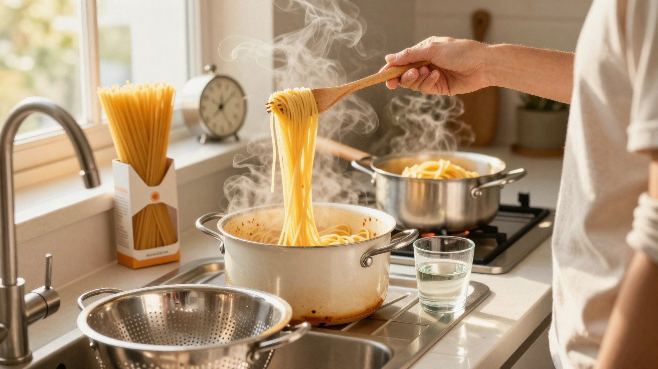 Dampfende Spaghetti werden aus einem Topf auf dem Herd mit Holzlöffel in einer hellen Küche gehoben.