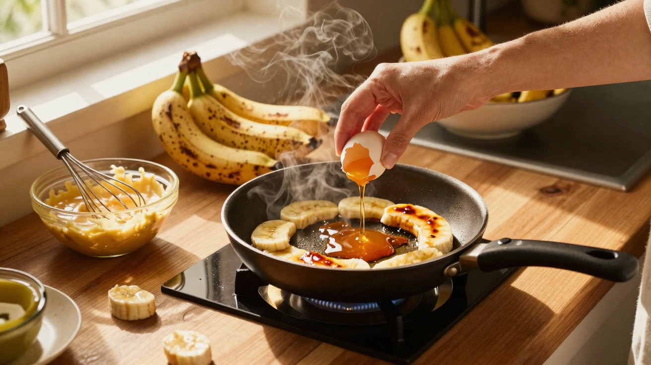Hand gießt Eiweiß in Pfanne mit Kochbananen auf Herd in heller Küche mit Bananen im Hintergrund.