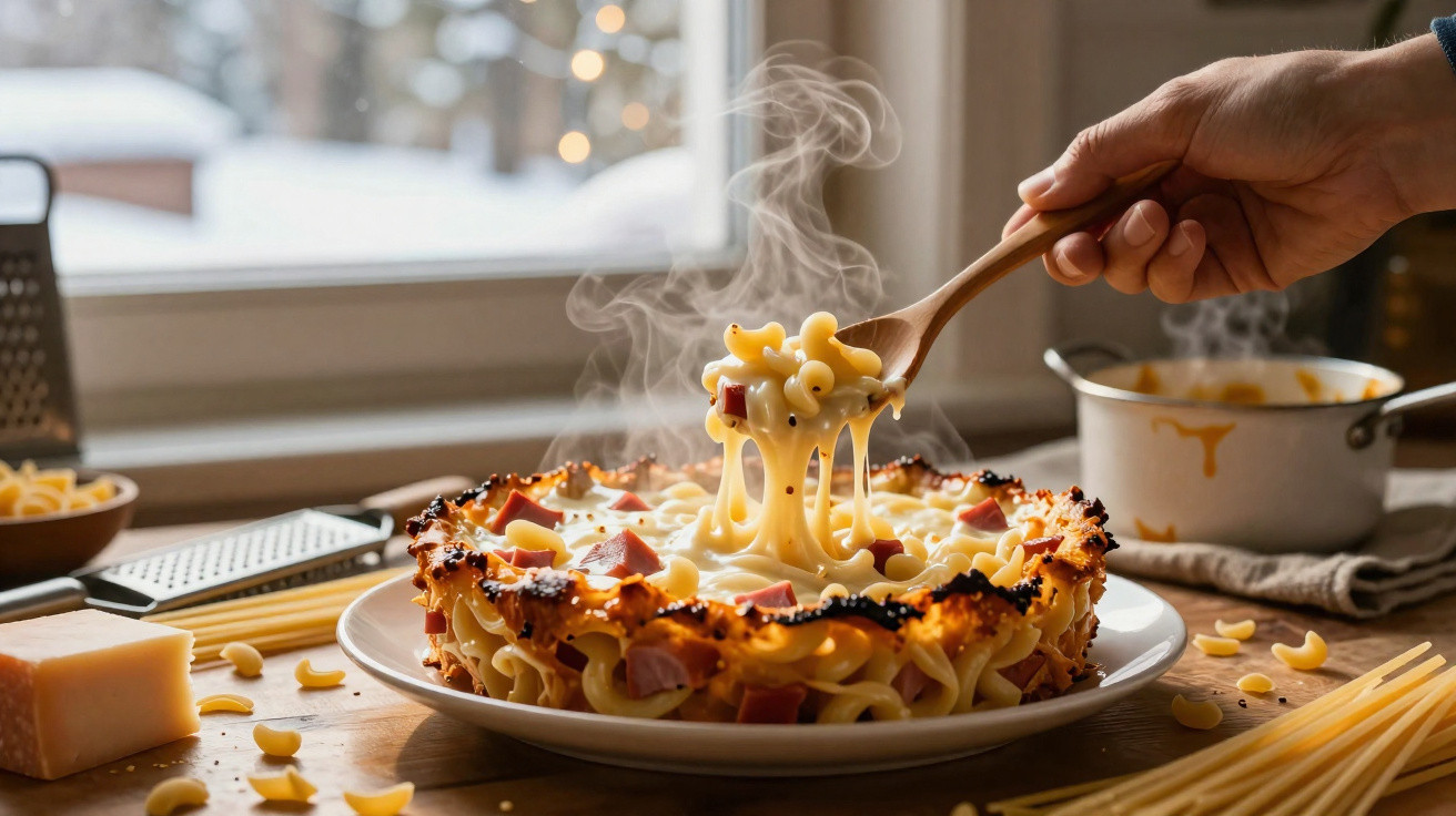 Dampfende, selbstgemachte Mac and Cheese mit geschmolzenem Käse und Schinken auf einem weißen Teller.