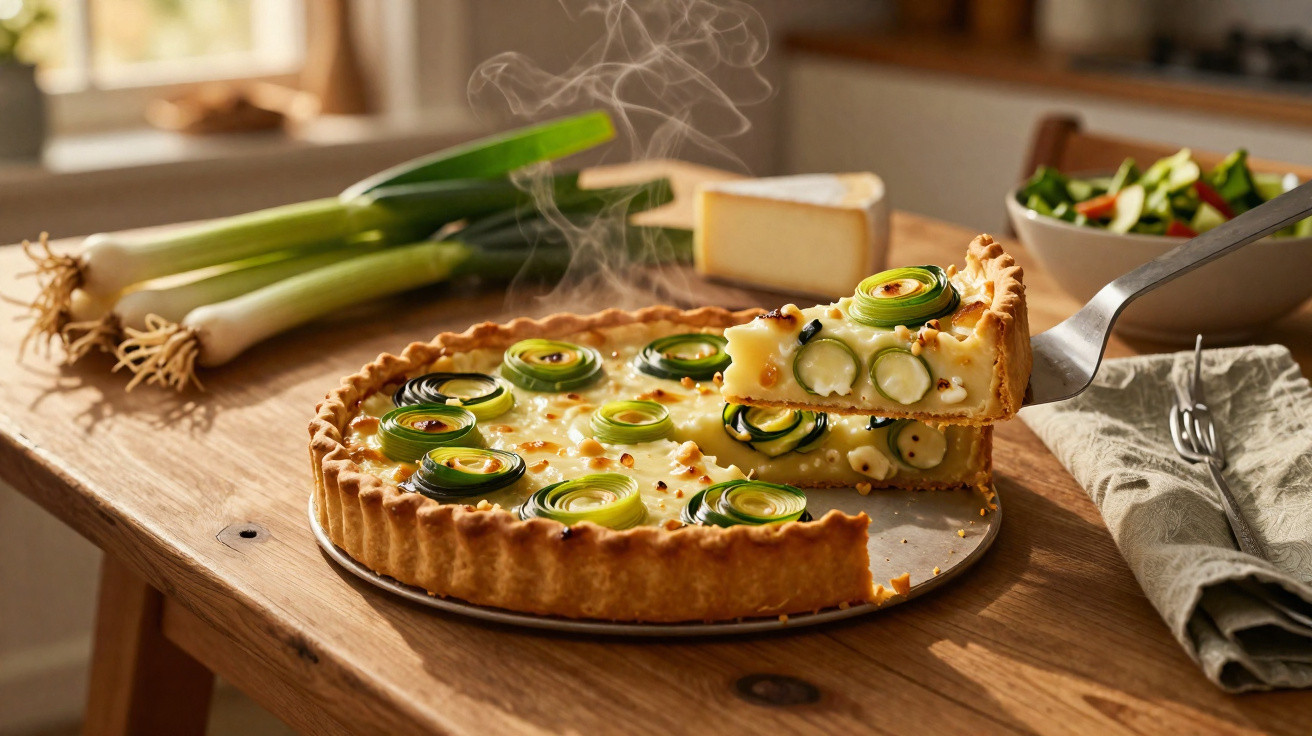 Warme Lauchtarte auf einem Holztisch, mit Dampf und frischem Lauch im Hintergrund.
