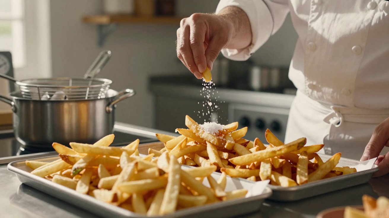 Koch streut Salz über frisch frittierte Pommes Frites auf Backblechen in einer professionellen Küche.