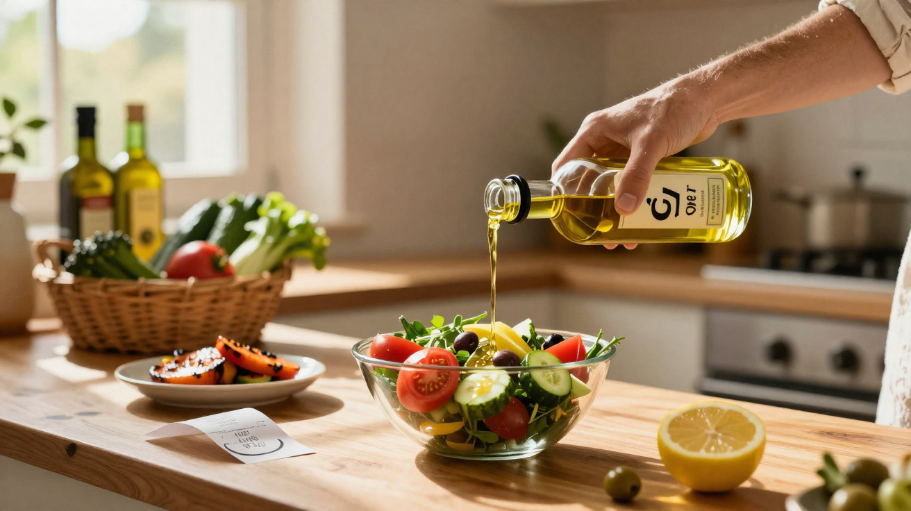 Hand gießt Olivenöl über frischen Salat mit Tomaten, Gurken und Paprika in einer Küche.