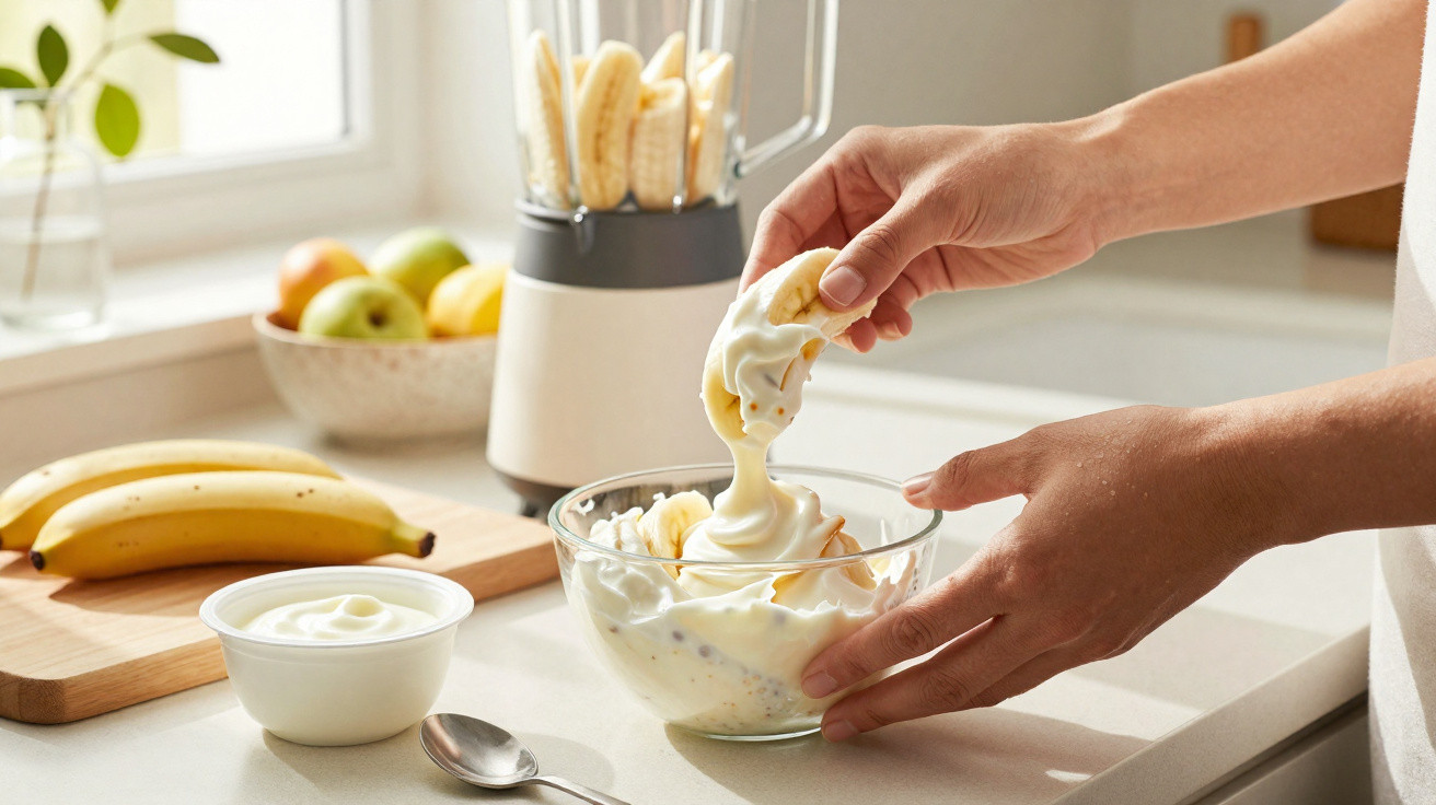 Hand taucht Bananenscheibe in eine Glasschale mit Joghurt in heller Küche.