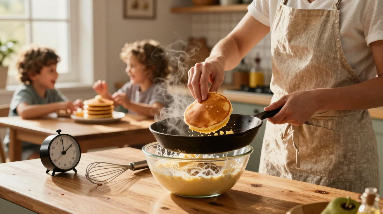 Person hebt frischen Pfannkuchen aus Pfanne, Kinder essen im Hintergrund am Tisch in heller Küche.