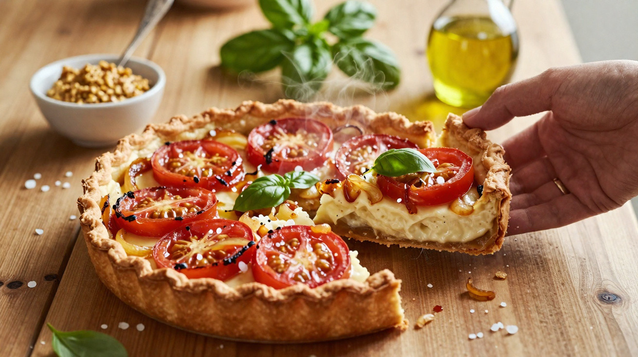 Hand hebt ein Stück frisch gebackene Tomaten-Quiche mit Basilikum, Olivenöl und Gewürzen auf Holzbrett.