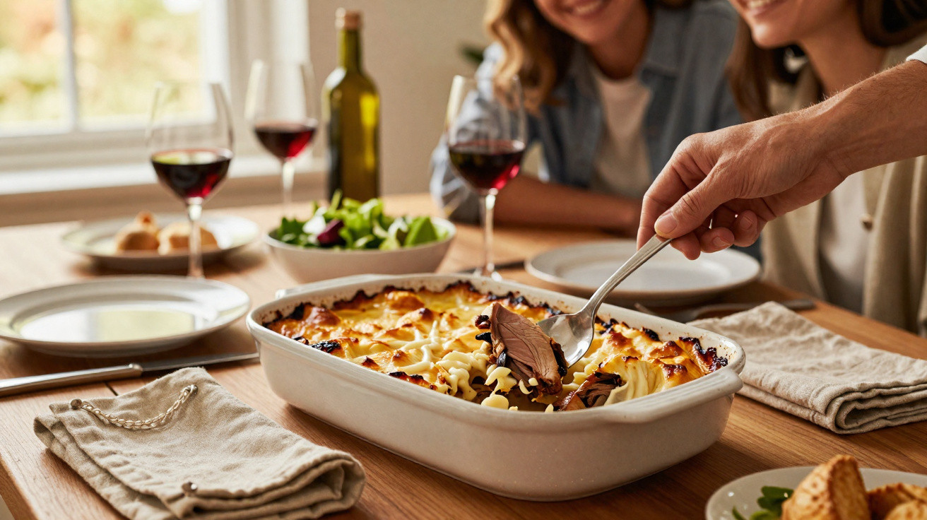 Menschen servieren Auflauf an gedecktem Tisch mit Wein, Salat und Teller für gemeinsames Essen.