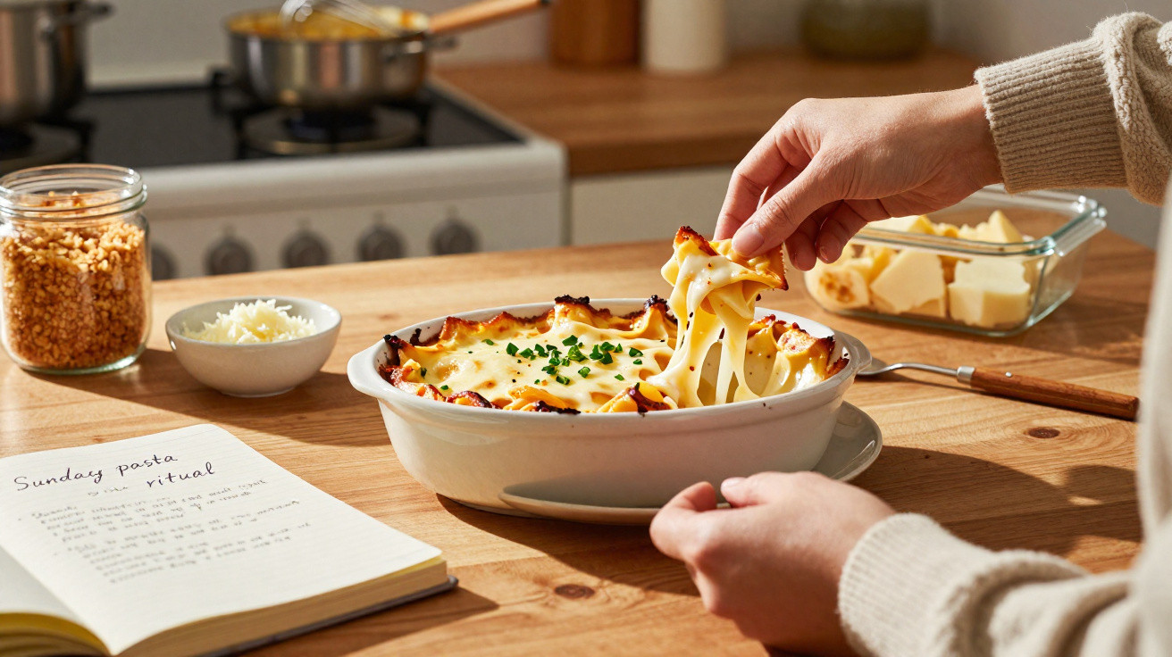 Hand nimmt Käse-lösliche Pasta aus einem Auflauf in einer weißen Form auf einem Holztisch mit Kochbuch und Zutaten.