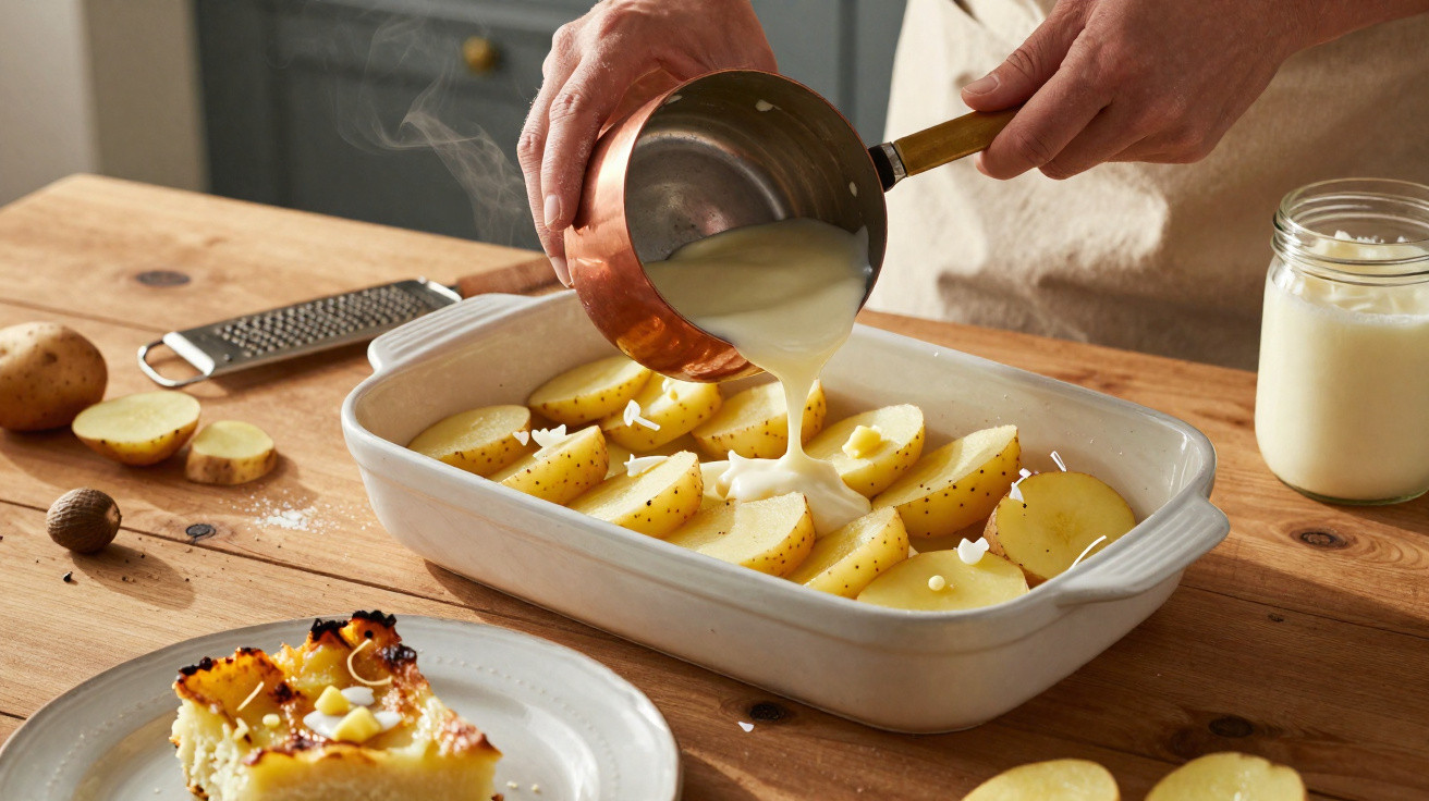Person gießt weiße Soße über in Auflaufform angeordnete Kartoffelscheiben auf Holzplatte.