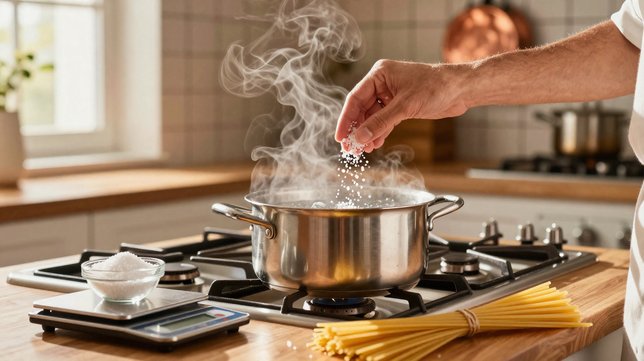 Hand streut Salz in dampfenden Edelstahltopf auf Gasherd, rohes Spaghetti gebündelt auf Holzplatte.