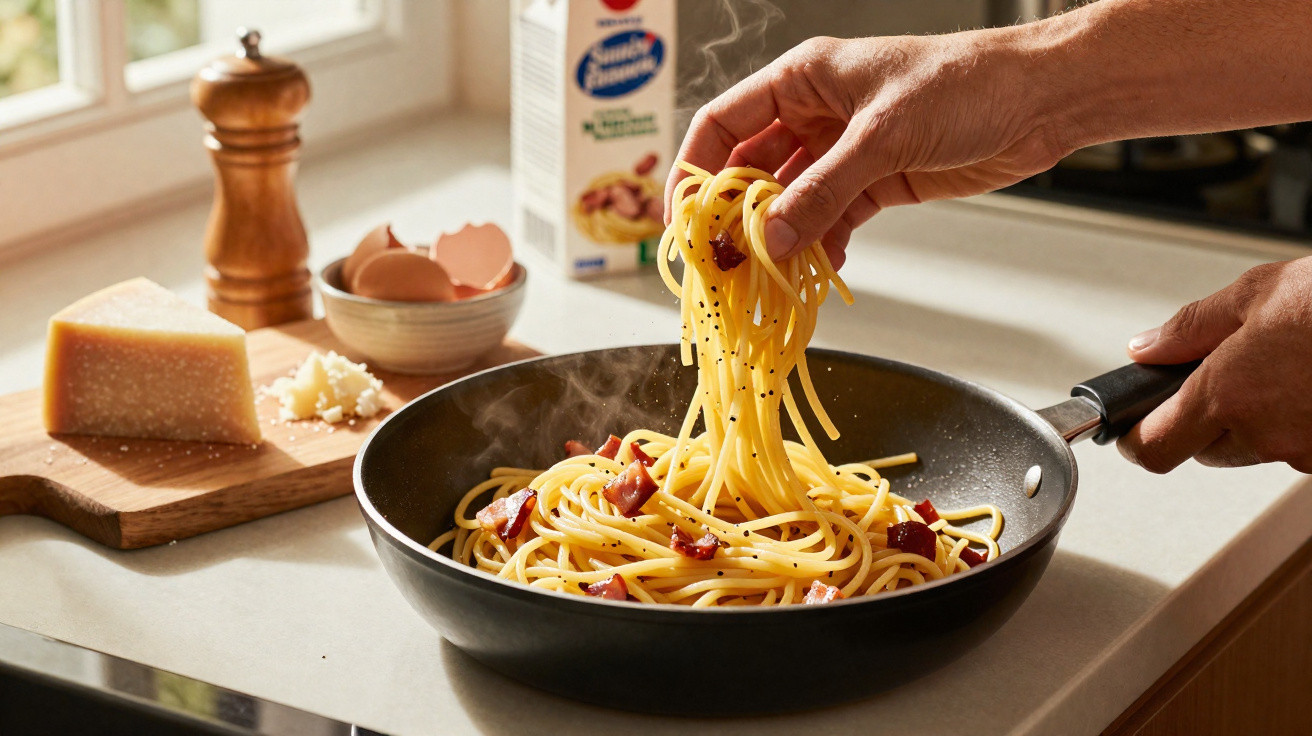 Frische Spaghetti Carbonara mit Speck und schwarzem Pfeffer, die in einer Pfanne zubereitet werden.