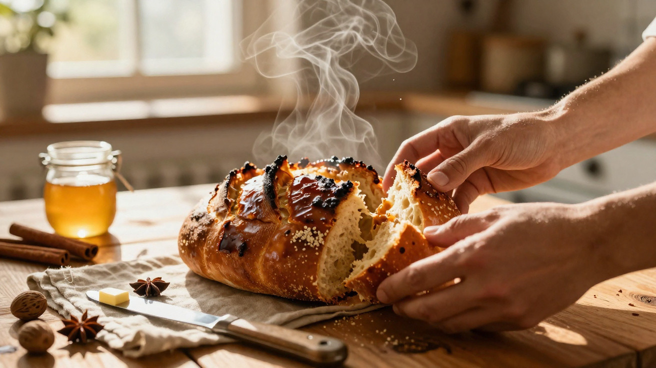 Frisch gebackenes, dampfendes Brot wird von zwei Händen auf einem Holztisch in einer hellen Küche zerteilt.