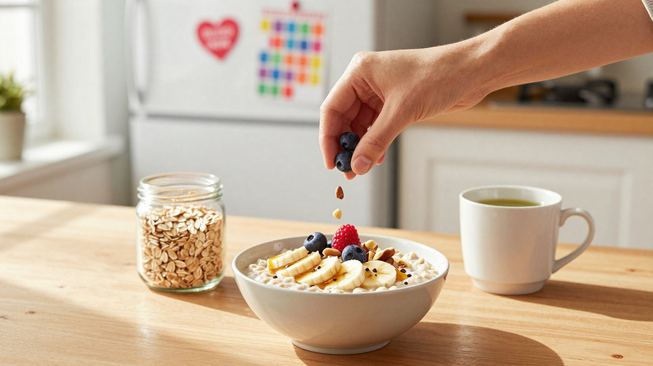 Hand streut Beeren und Nüsse auf eine Schüssel Haferbrei mit Bananen, daneben Glas mit Haferflocken und Tasse Tee.