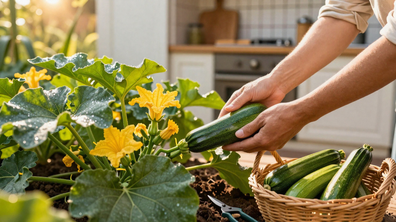Person erntet grüne Zucchini von Pflanze in Innenküche mit Korb voller Zucchini auf Tisch.