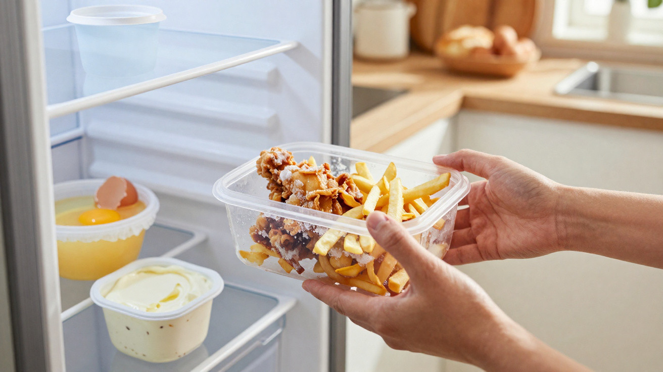 Person legt eine Kunststoffbox mit Pommes und Chicken Nuggets in einen Kühlschrank in einer Küche.