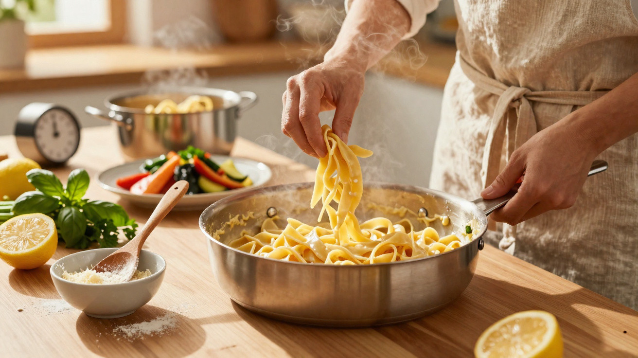 Person hebt gedämpfte Pasta aus Pfanne, umgeben von frischen Zutaten und dampfenden Gemüsesorten.