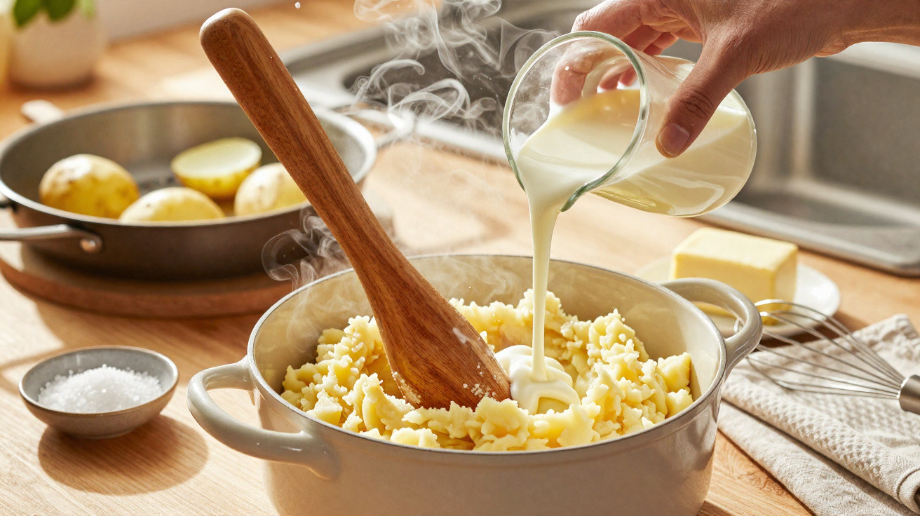 Dampfende Kartoffeln in einem Topf, in den Milch gegossen wird, mit Butter und Salz daneben.