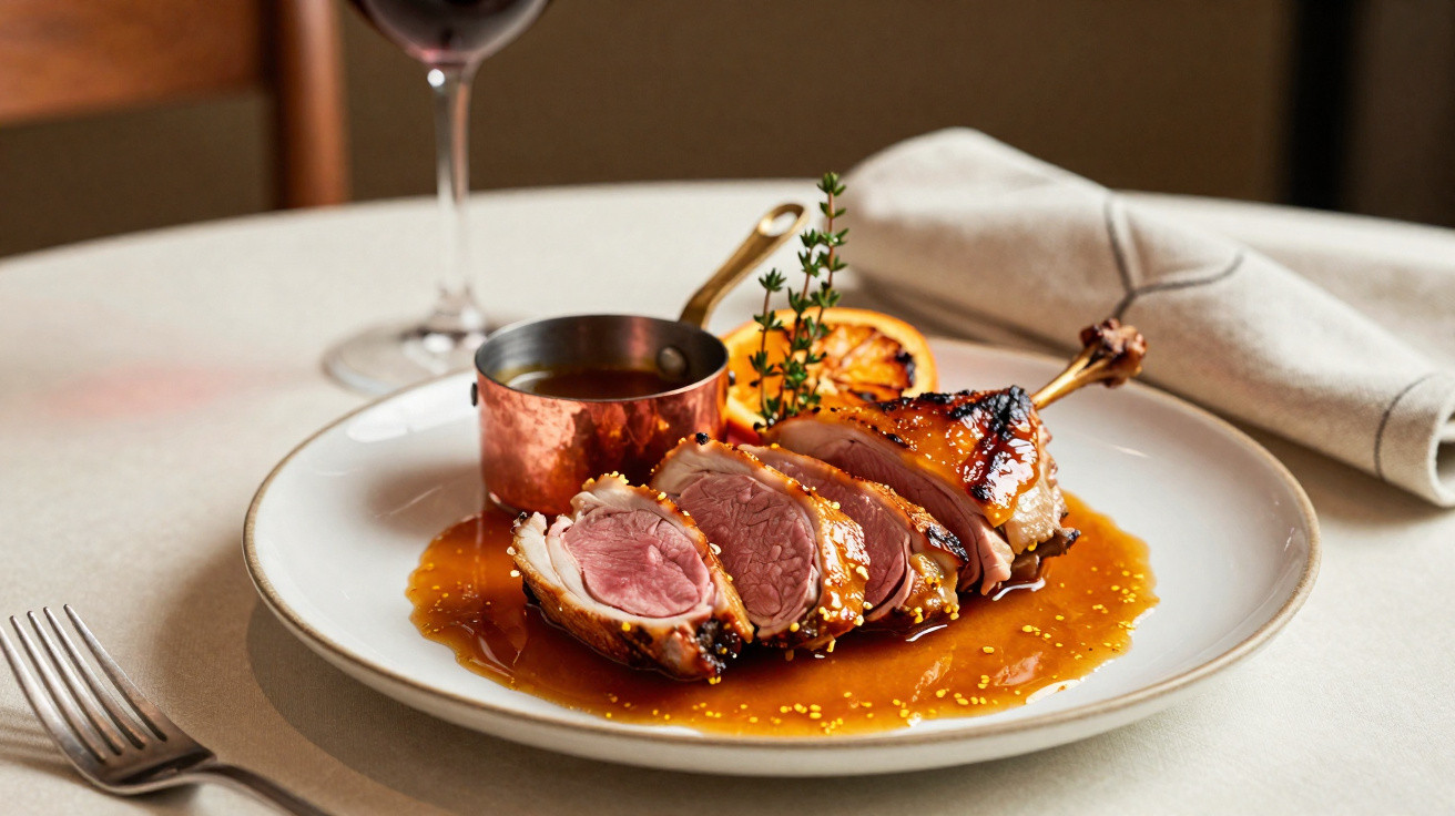 Aufgeschnittenes, rosa gebratenes Entenbrustfilet mit Soße, Thymian und gegrillter Zitrone auf weißem Teller.