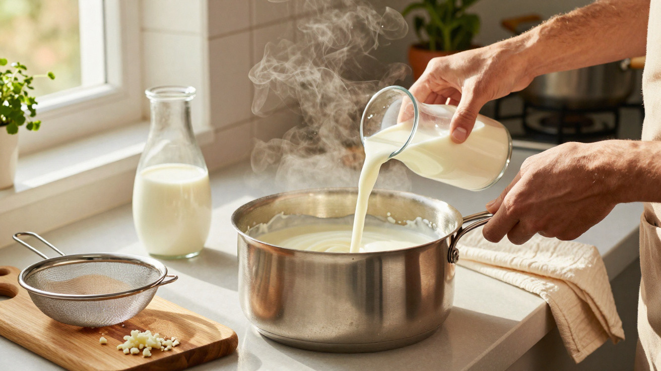 Person gießt heiße Milch in einen Kochtopf in einer hellen Küche am Fenster.