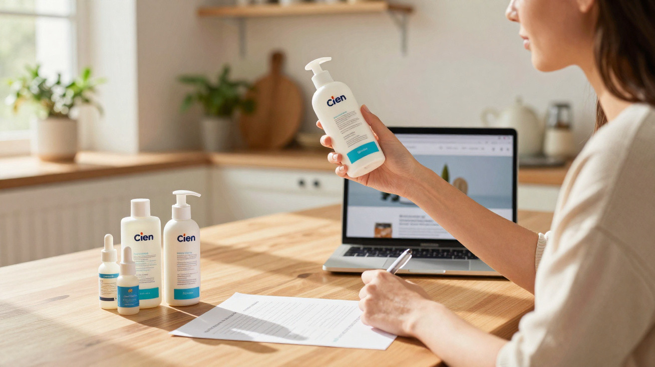 Frau sitzt am Tisch, liest Produktbeschreibung auf Cien-Flasche, neben ihr Dokumente und Laptop in heller Küche.