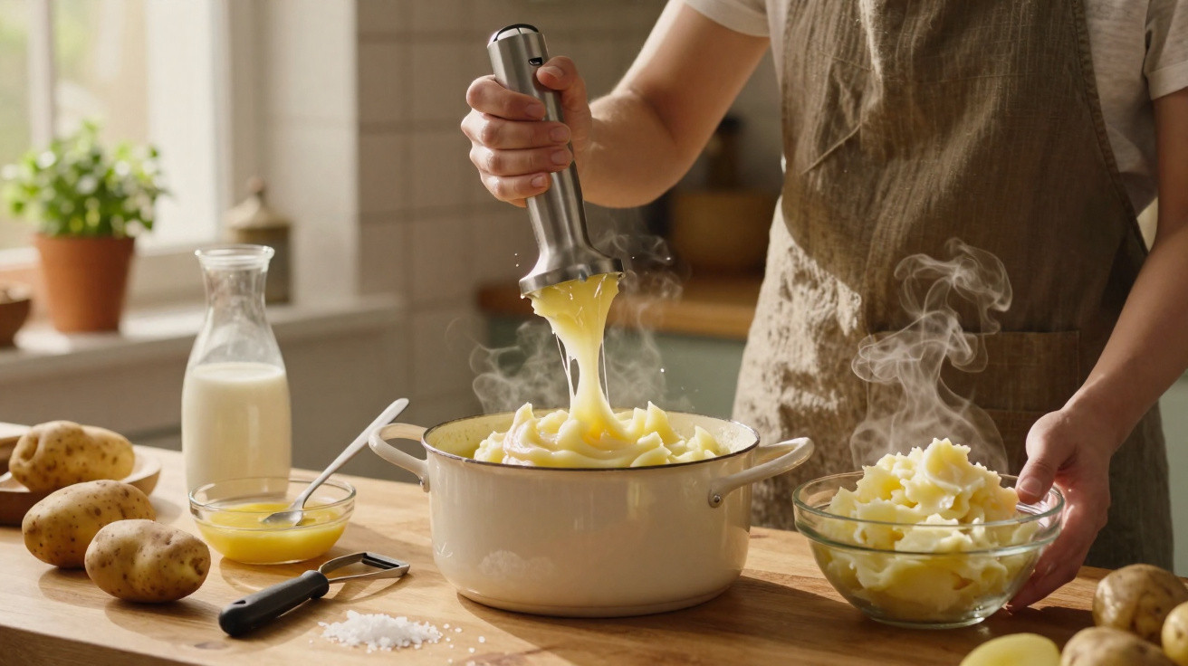 Person püriert dampfendes Kartoffelpüree in einem Topf in einer hellen Küche mit Zutaten auf dem Tisch.