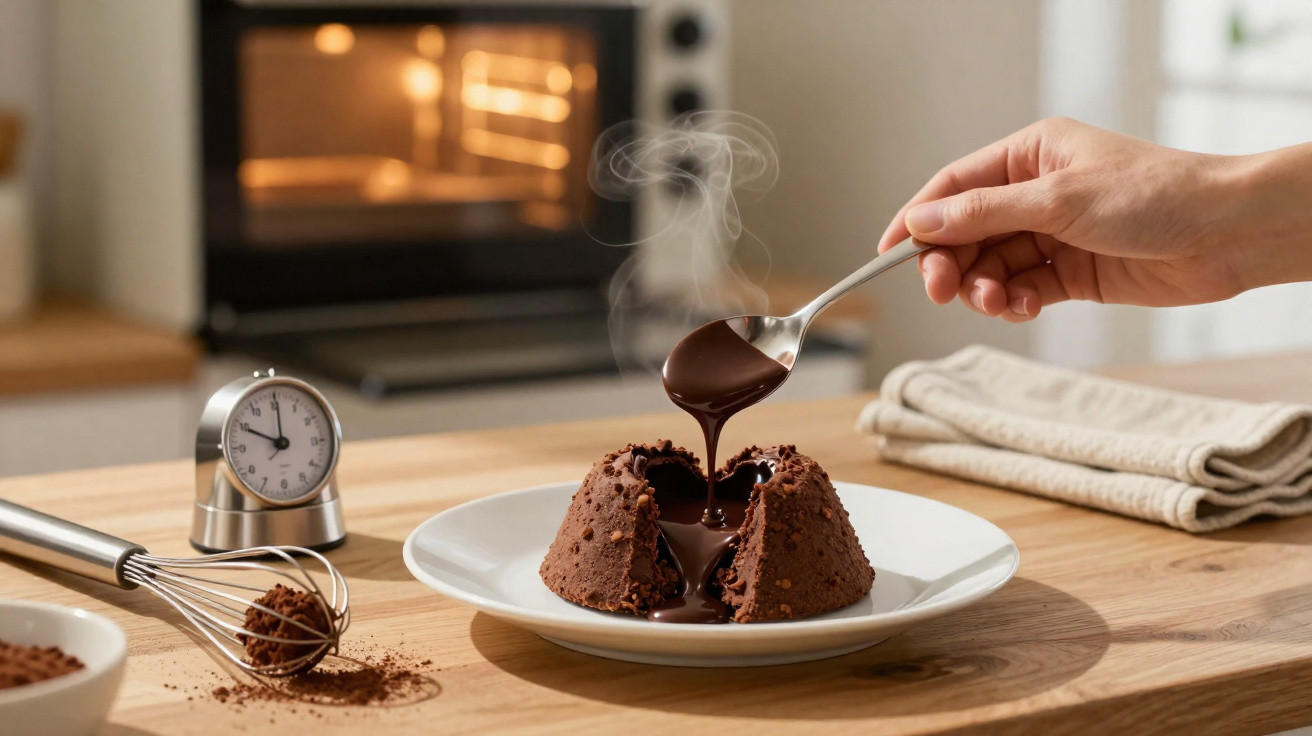 Hand gießt warme Schokoladensoße über schmelzenden Schokokuchen auf weißem Teller in Küche.