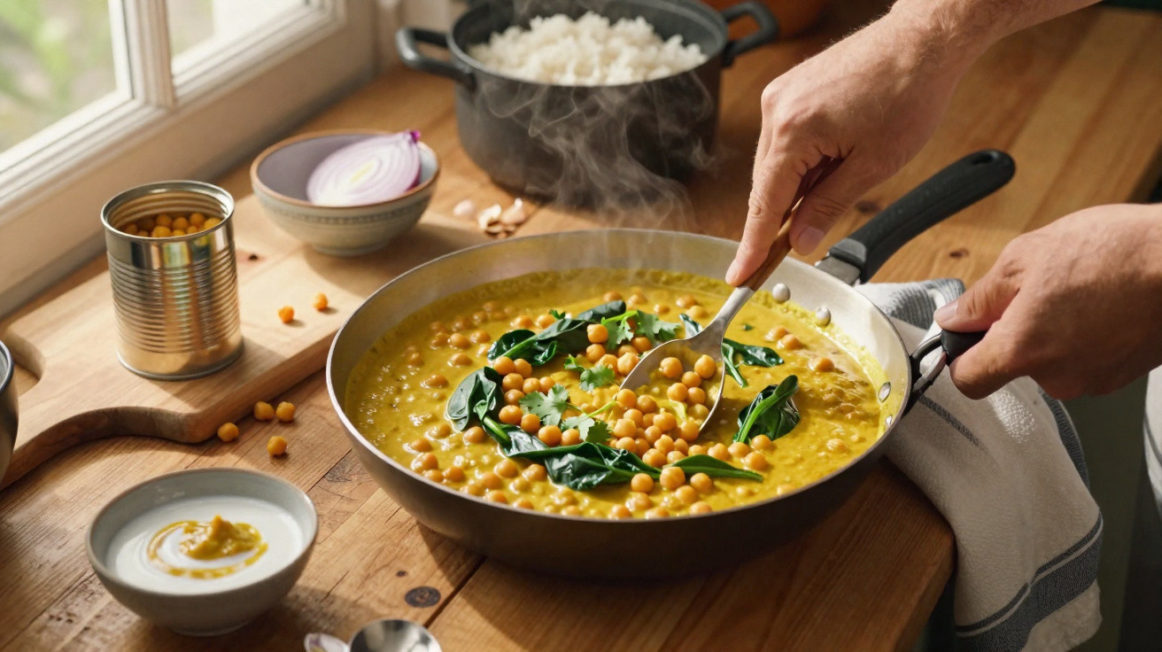 Hände rühren Kichererbsencurry mit Spinat in Pfanne, Reis und Gewürze auf Holztisch am Fenster.