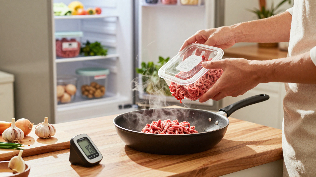 Person gibt rohes Hackfleisch in eine Pfanne auf einer Küchenarbeitsplatte mit offenem Kühlschrank im Hintergrund.