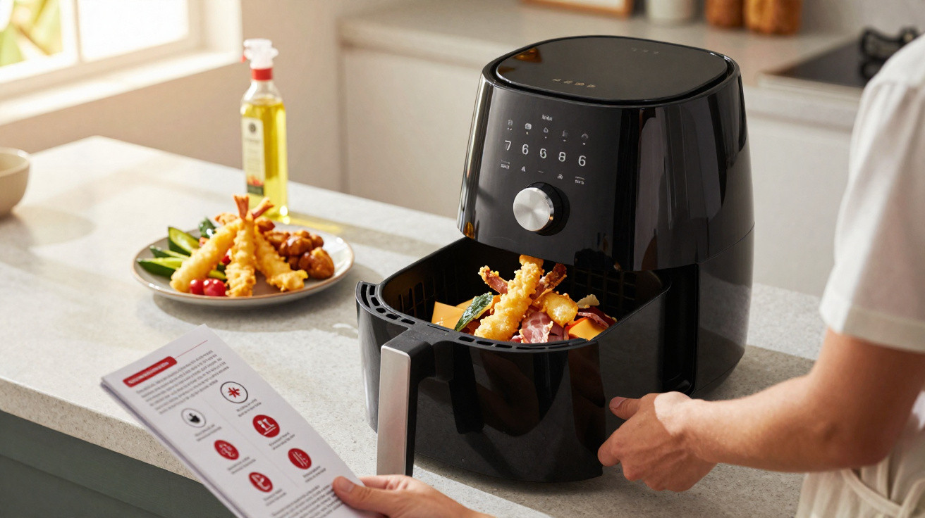 Schwarze Heißluftfritteuse mit frittiertem Essen auf der Küchenarbeitsplatte, Person hält Bedienungsanleitung.