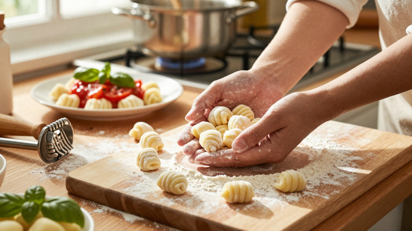 Hände formen frische Gnocchi auf einem bemehlten Holzbrett in einer hellen Küche.