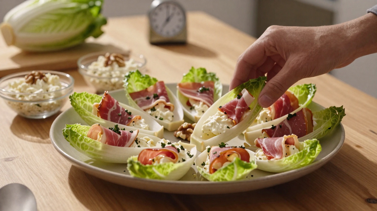 Hand nimmt Chicorée-Blatt mit Frischkäse, Schinken und Kräutern von Teller mit mehreren Häppchen.