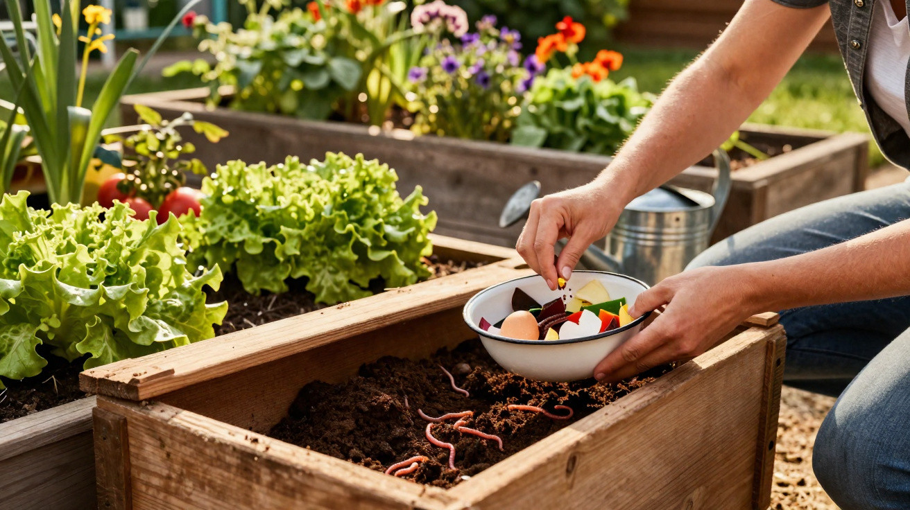 Person setzt Bio-Küchenabfälle in Kompostbehälter mit Regenwürmern in Gartenbeet mit Salatpflanzen.