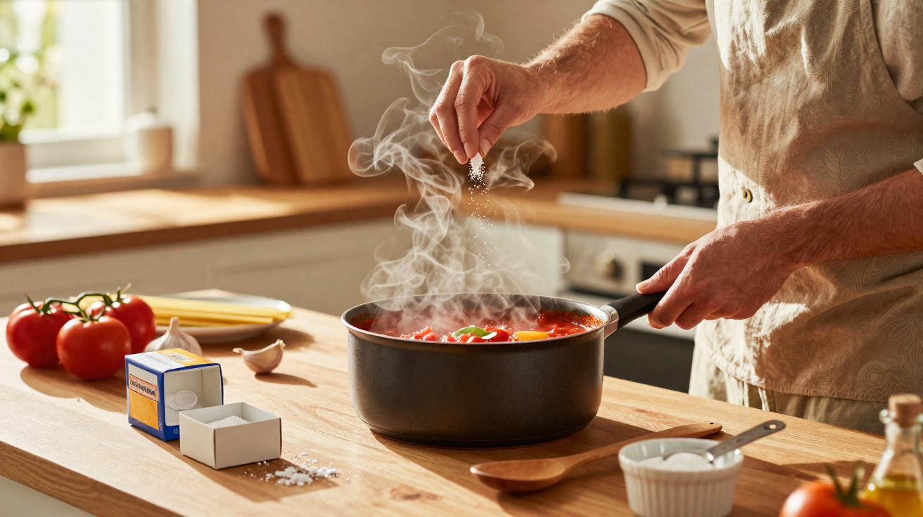 Person würzt dampfenden Tomatensugo im Kochtopf in heller Küche mit frischen Zutaten.