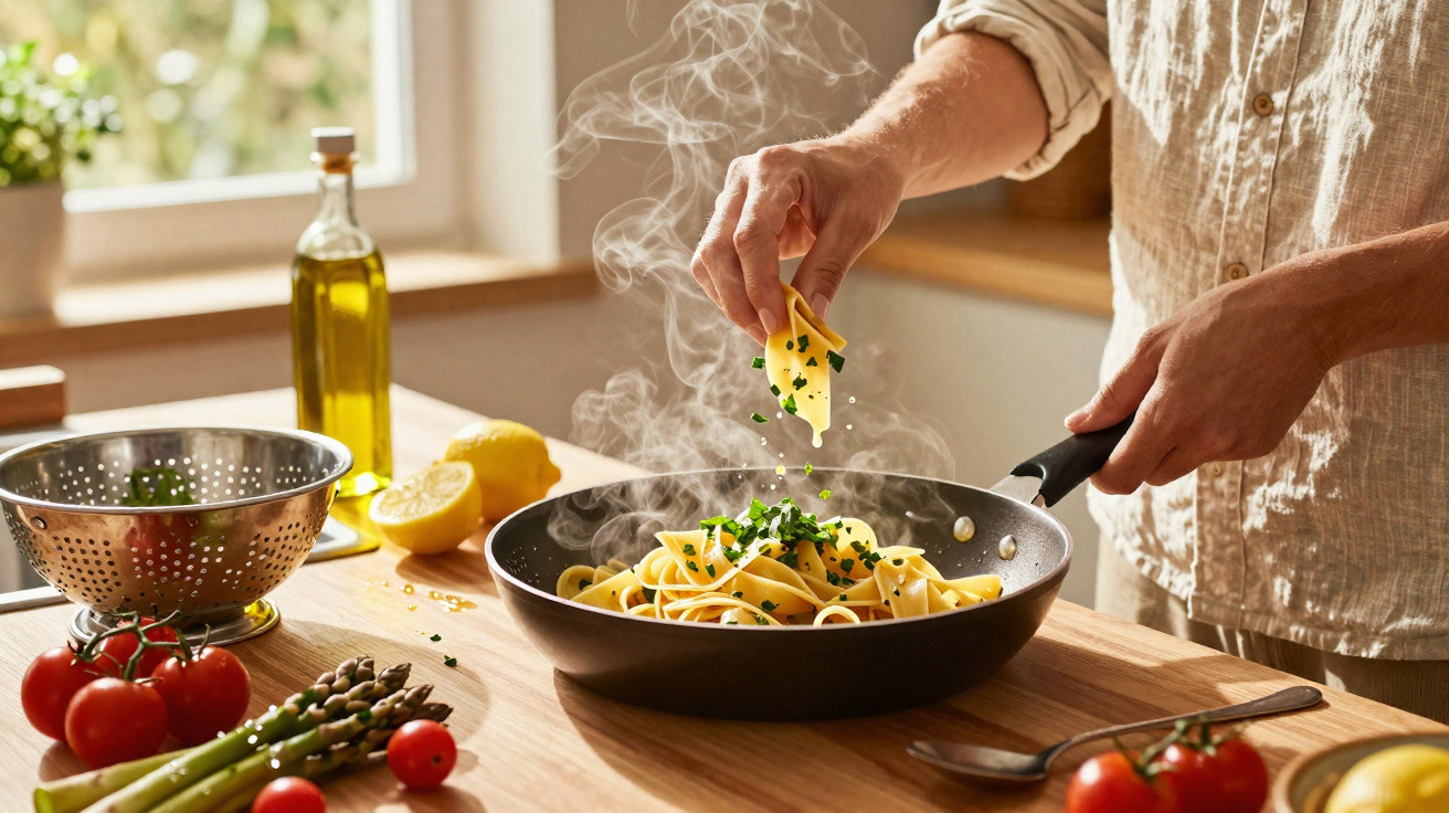 Person würzt dampfende Pasta in Pfanne, frisches Gemüse und Olivenöl auf Holztisch in heller Küche.