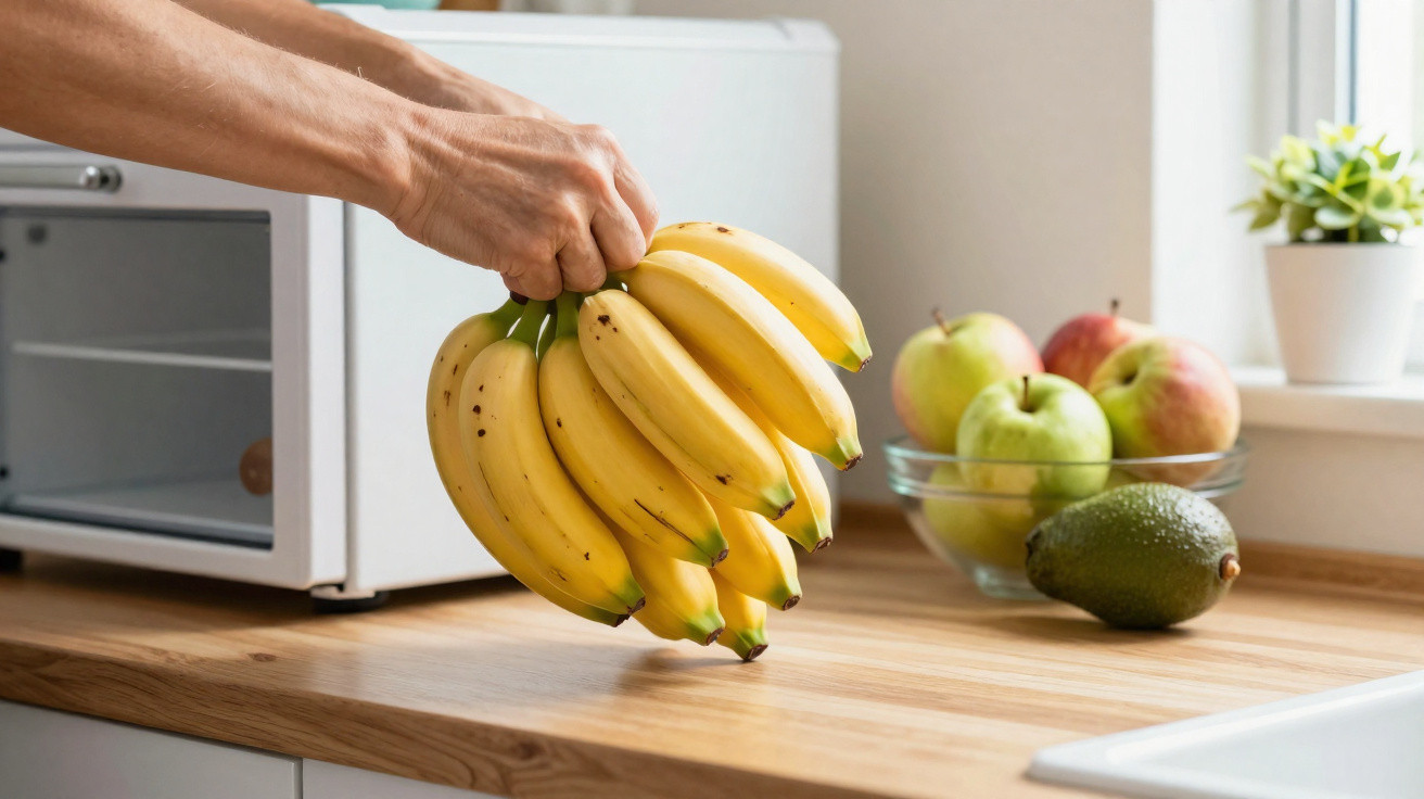 Eine Hand hält einen Bananenstrauß über die Holzarbeitsplatte einer Küche mit Obstschale im Hintergrund.