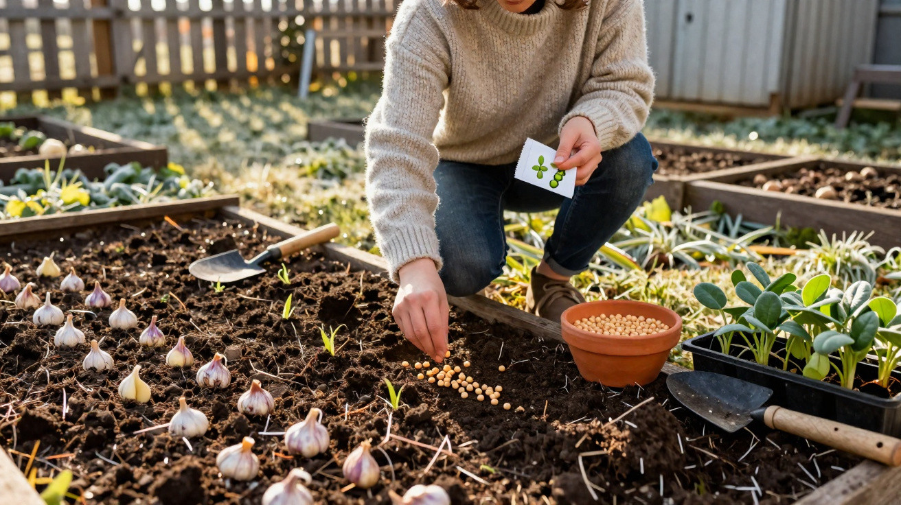 Person pflanzt Samen in einem Hochbeet, umgeben von Knoblauchzehen und Jungpflanzen im Garten.