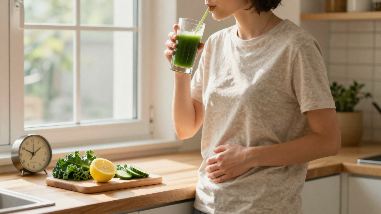 Frau trinkt grünen Smoothie in der Küche, hält sich den Bauch, frisches Gemüse und Zitrone auf dem Tisch.
