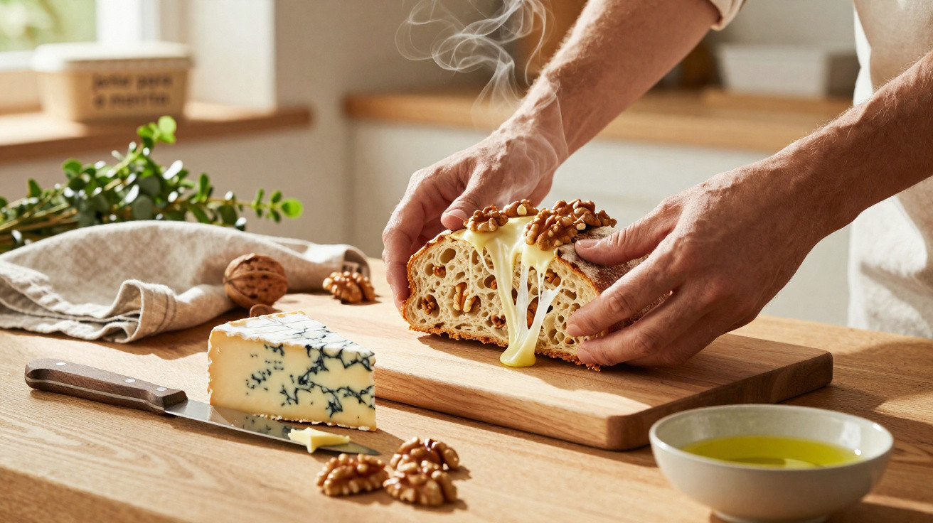 Hände halten ein frisch geschnittenes, warmes Walnussbrot mit geschmolzenem Käse auf einem Holzbrett.