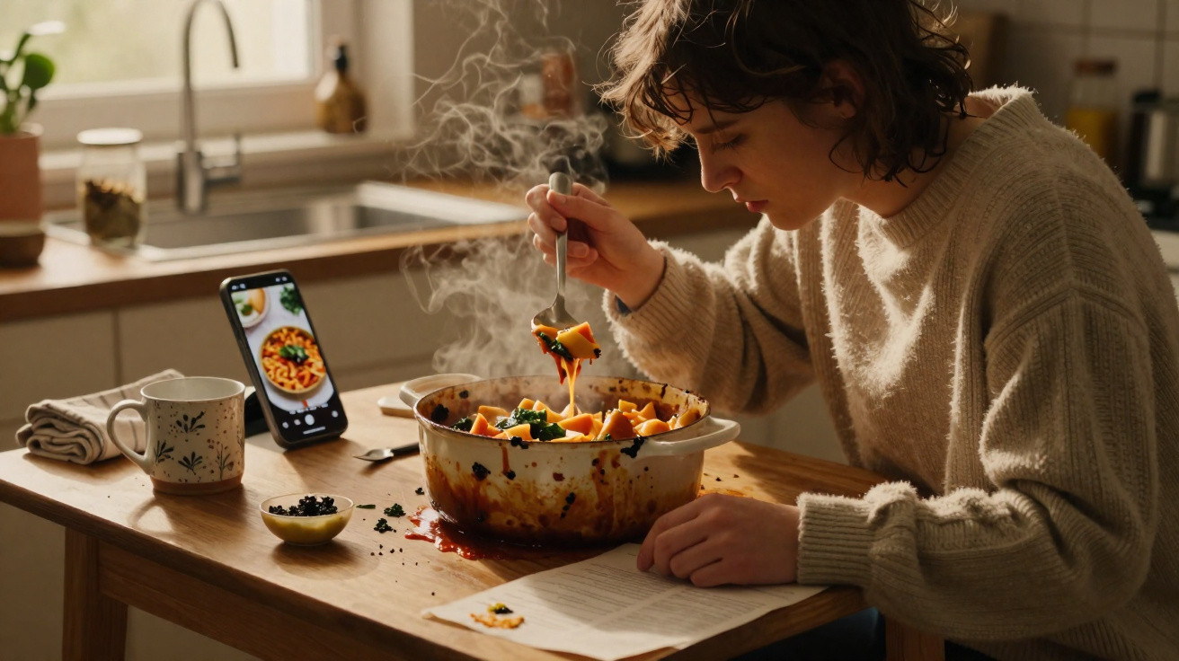 Person sitzt am Tisch, liest Rezept und schöpft heiße Gemüsesuppe aus einem Topf.